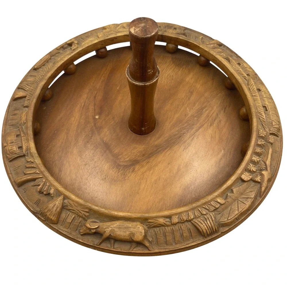 Vintage Hand Carved‎ Monkey Pod Wood 2 Tier Lazy Susan Philippines Tropical Tiki